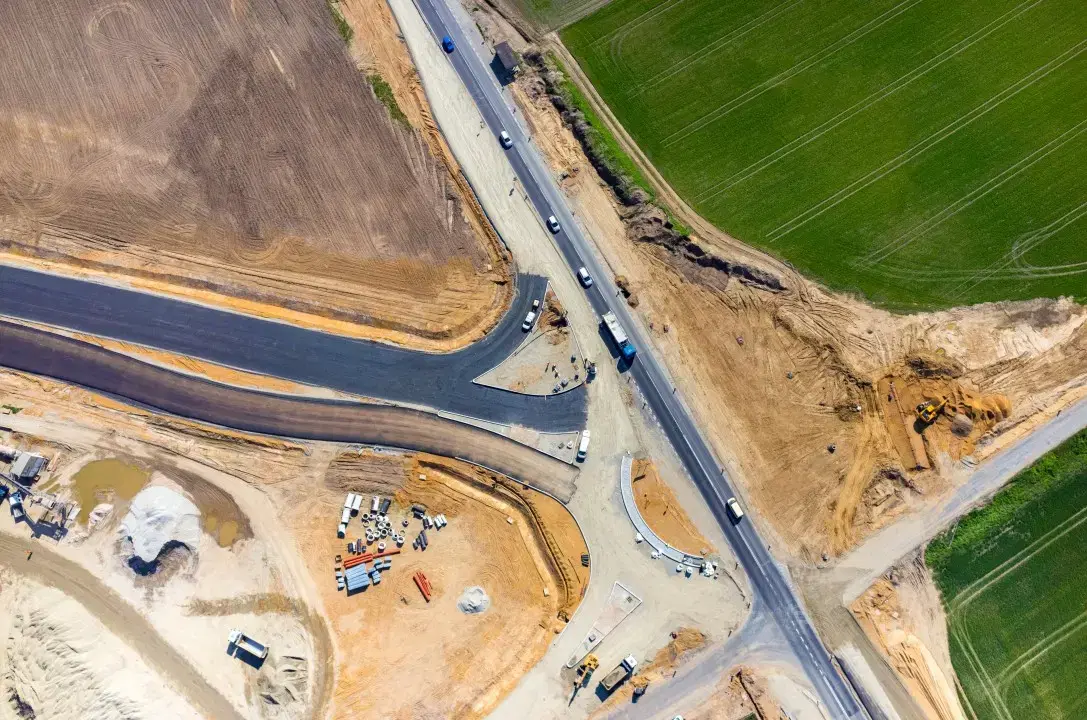 Aerial drone view of highway and road infrastructure