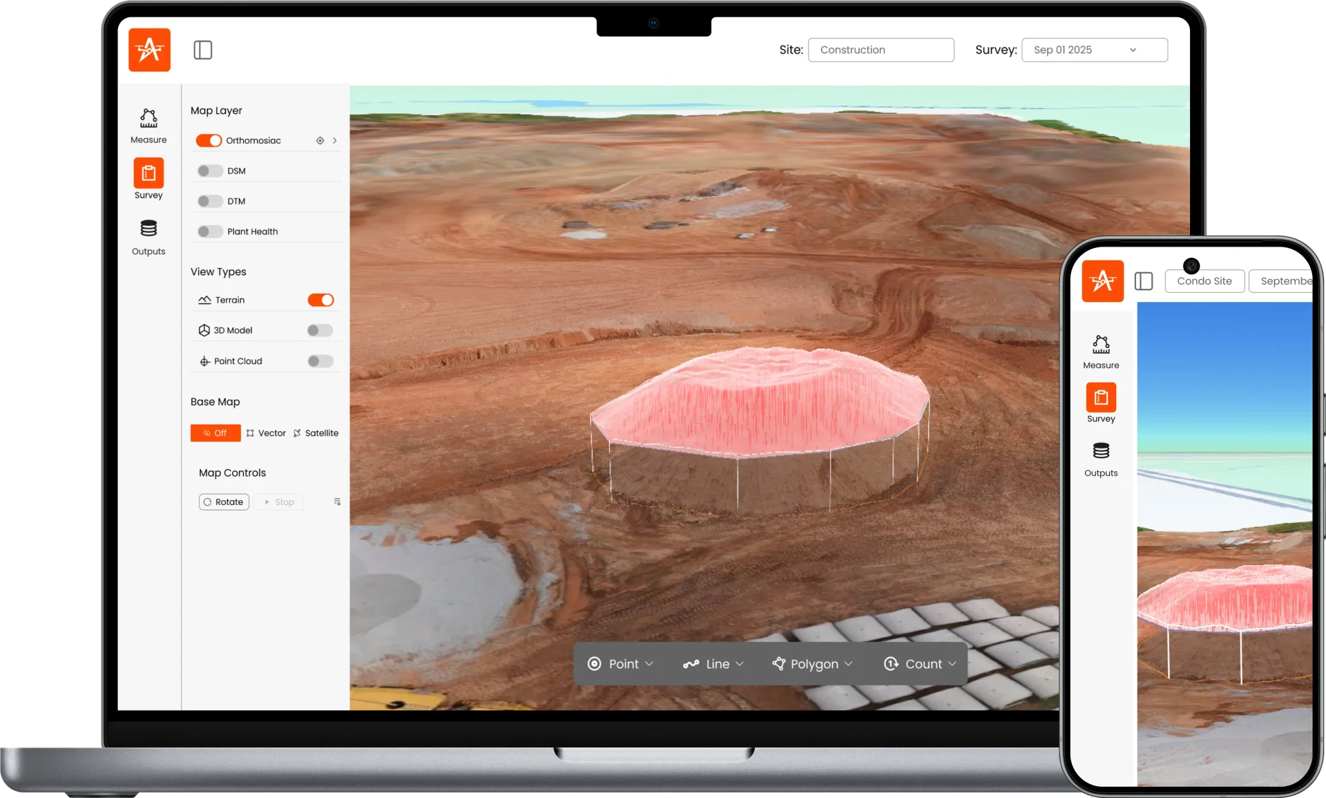 Aeroyantra Platform - Survey-Grade Mapping Software Aeroyantra drone mapping platform interface displaying 3D terrain model, orthomosaic viewer, and measurement tools for construction and mining sites